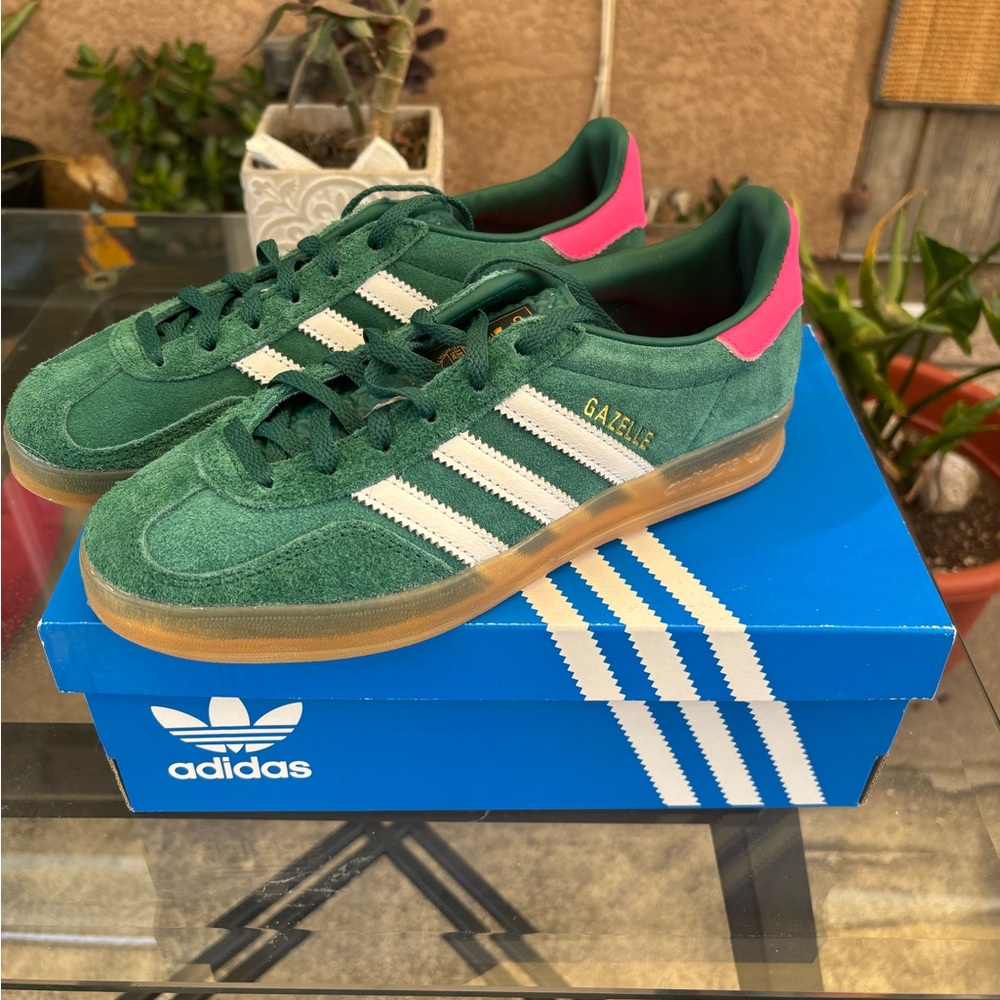 Adidas Gazelle Forest Green with Pink Highlights